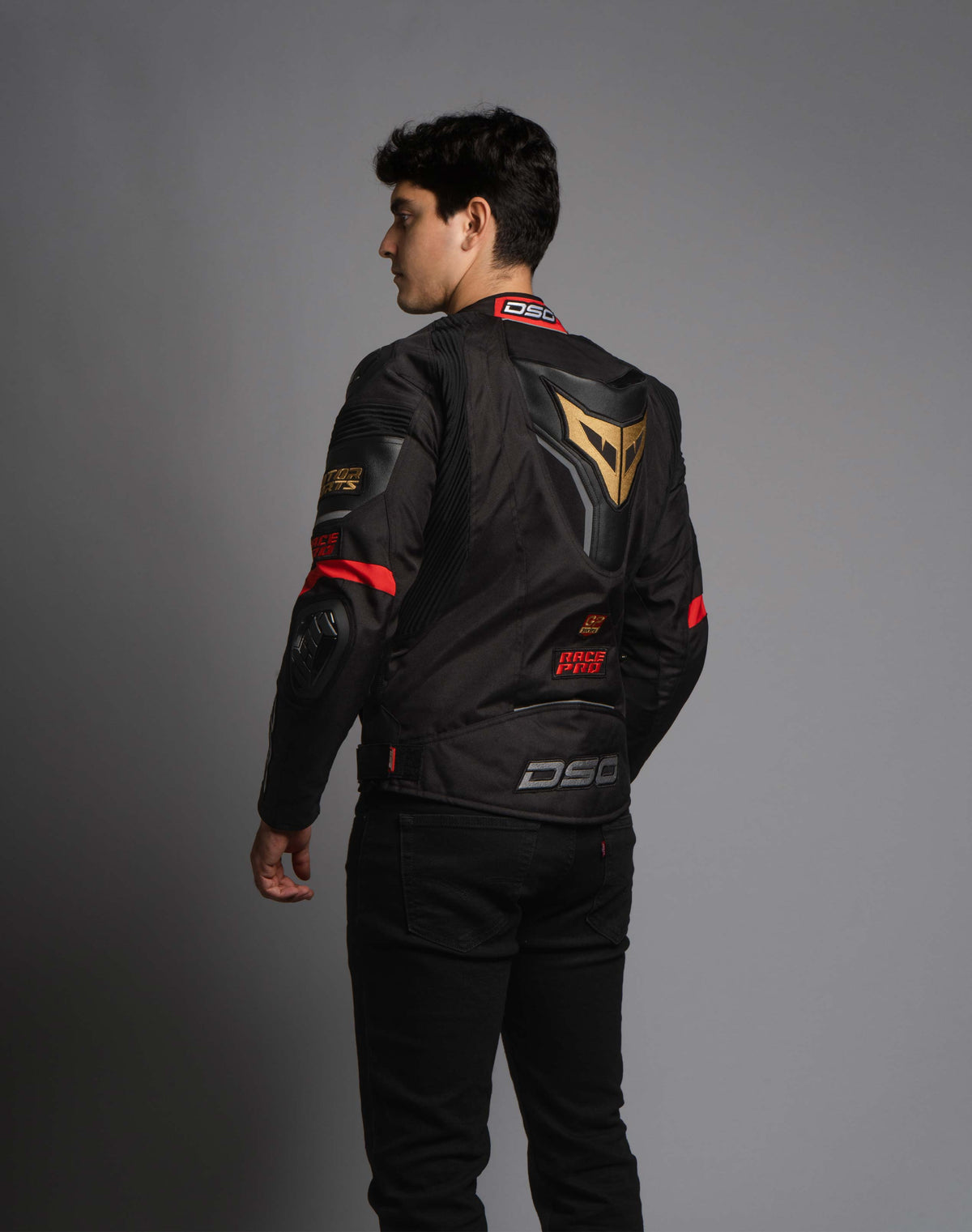DSG Race Pro Sport Riding Jacket – CE Level 2 shoulder armor detail view 