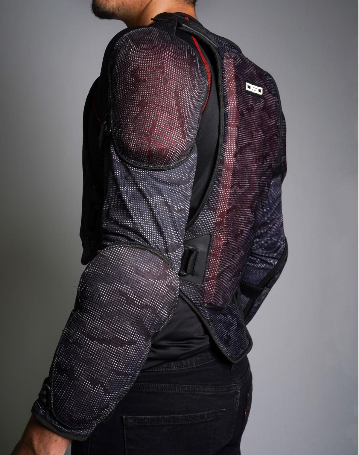 Close-up of CE Level 2 elbow protector on DSG Bionic ADV Jacket, arm bent