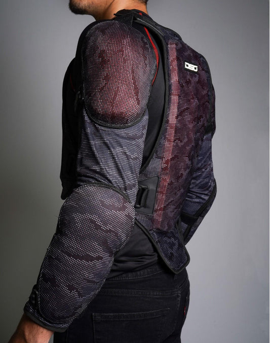 Close-up of CE Level 2 elbow protector on DSG Bionic ADV Jacket, arm bent