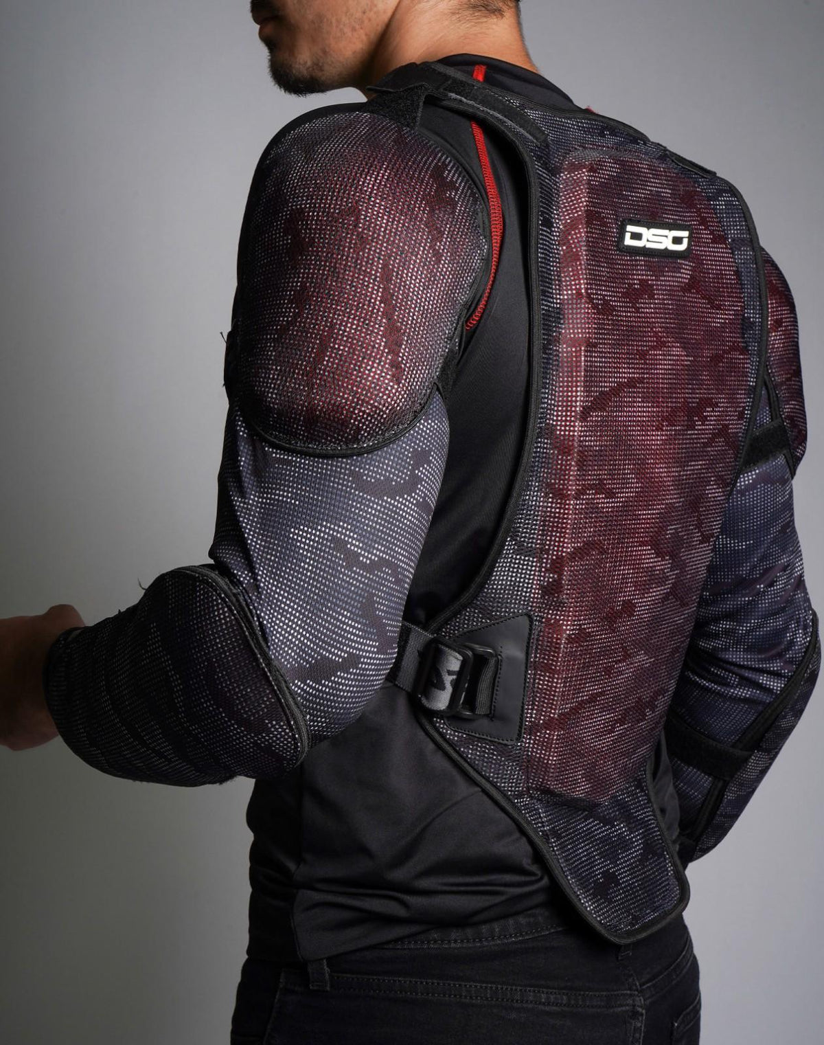 Close-up back view of rider wearing DSG Bionic ADV Jacket