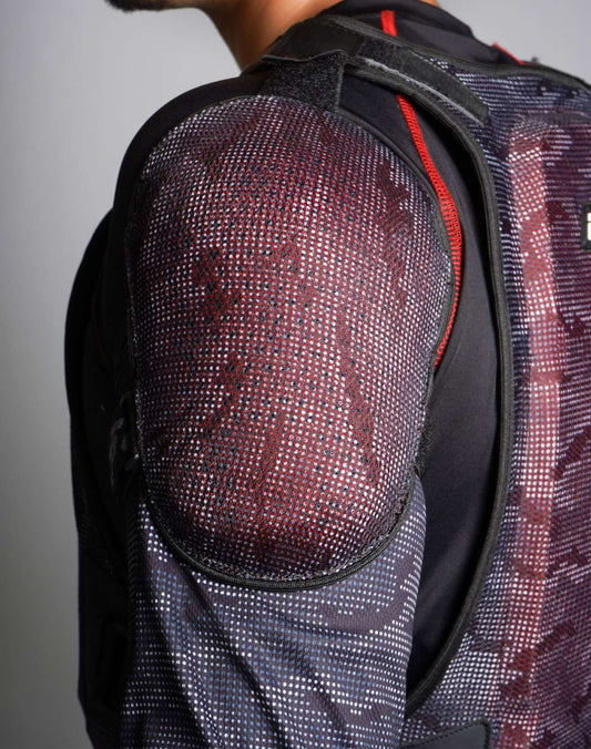 Close-up of CE Level 2 shoulder protector on DSG Bionic ADV Jacket, worn by rider