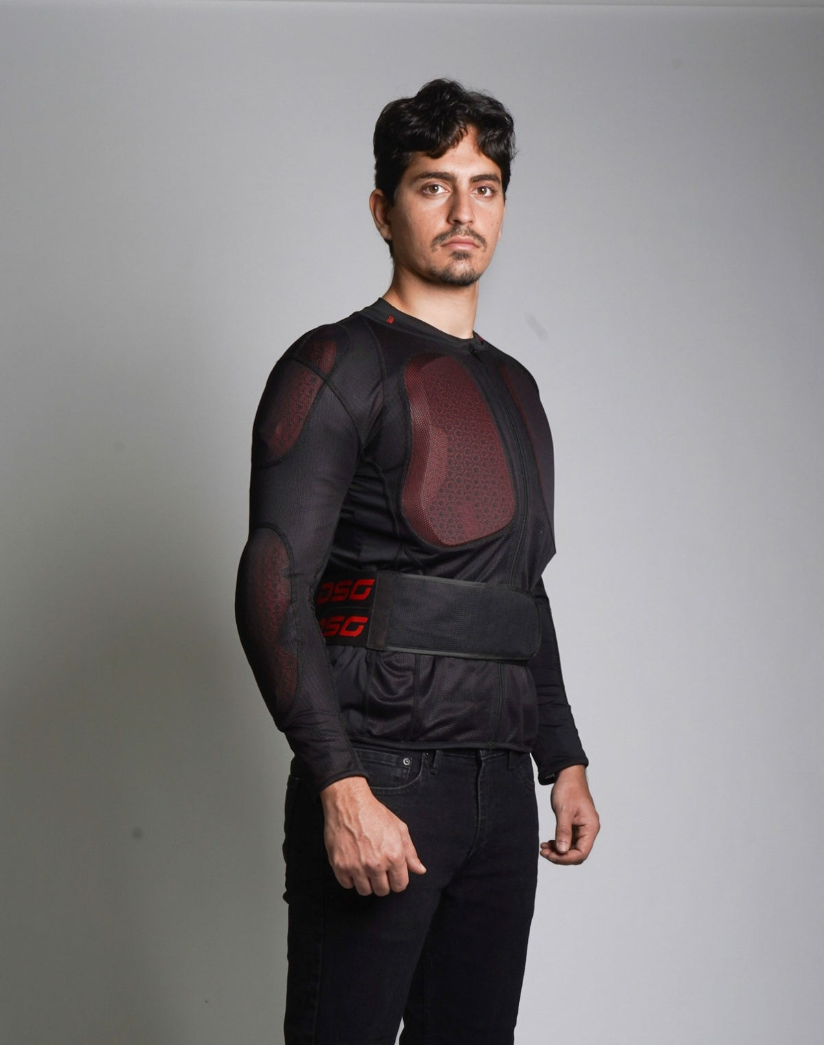 Rider wearing DSG Bionic Plus Armour over base layer, front angle