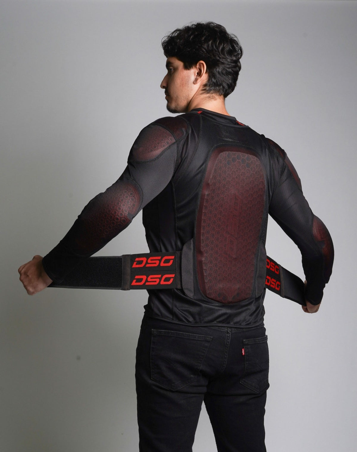 Stitching and panel detail on the rear protective shell of DSG Bionic Plus Armour