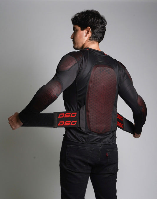 Stitching and panel detail on the rear protective shell of DSG Bionic Plus Armour