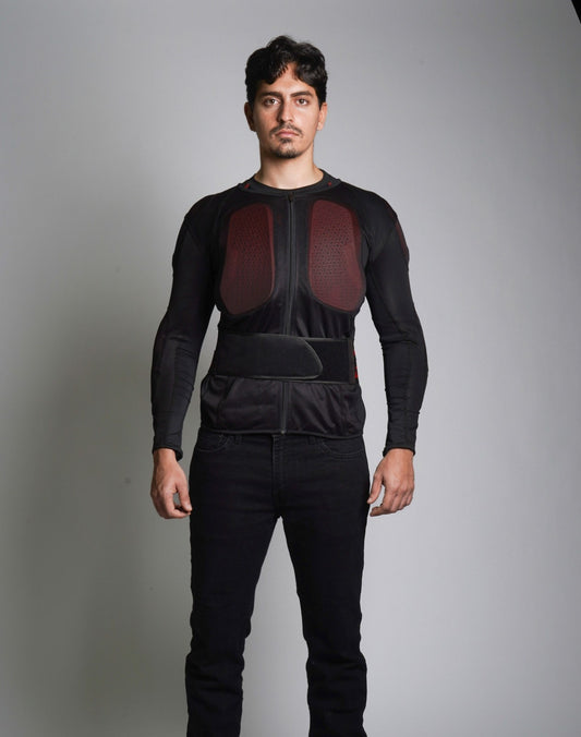 Rear view of rider wearing DSG Bionic Plus Armour with back protector visible