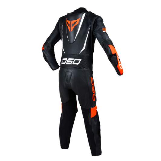 DSG GP Racing Leather Suit in black and orange fluo shown from the back with aerodynamic racing hump