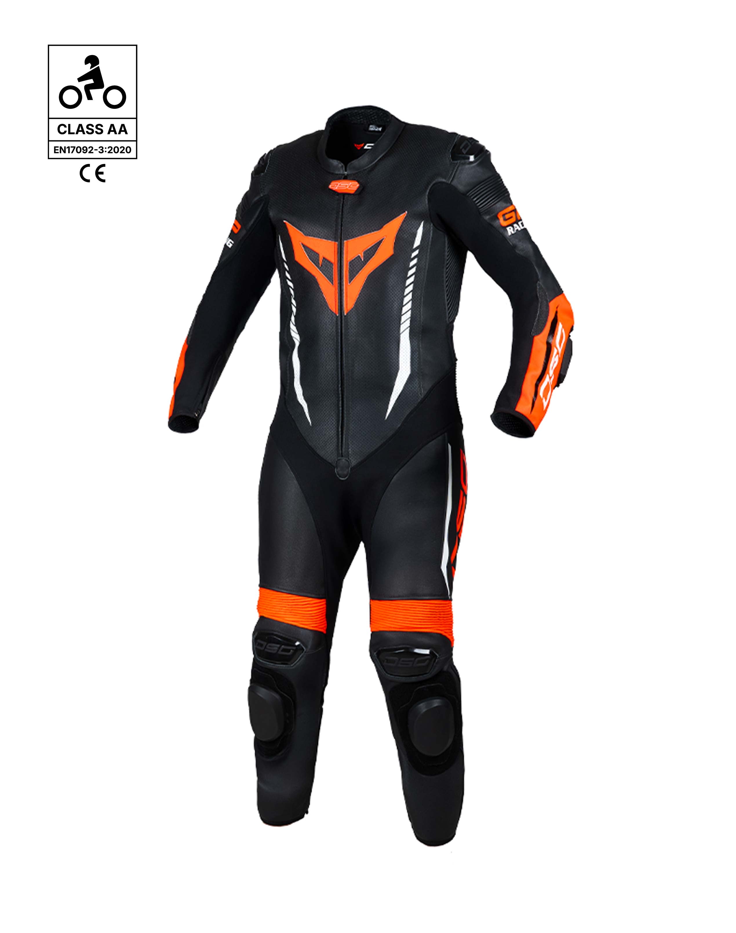 DSG GP Racing Leather Suit in black and orange fluo shown from the front