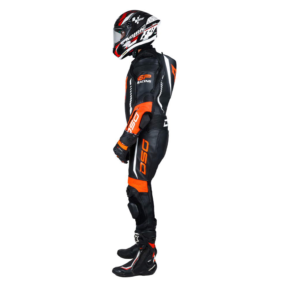 Full side profile of the DSG GP Racing Leather Suit showing its race-focused fit and design