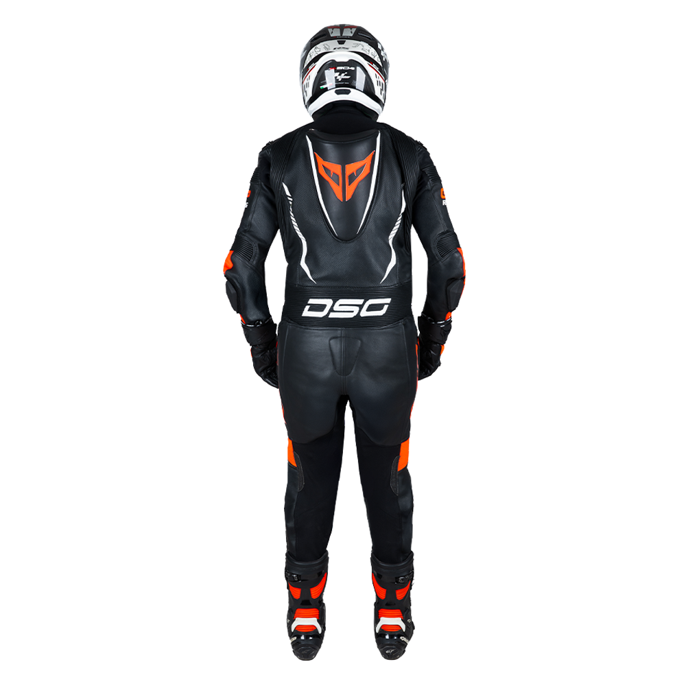 Rear view of a rider wearing the DSG GP Racing Leather Suit with aerodynamic racing hump