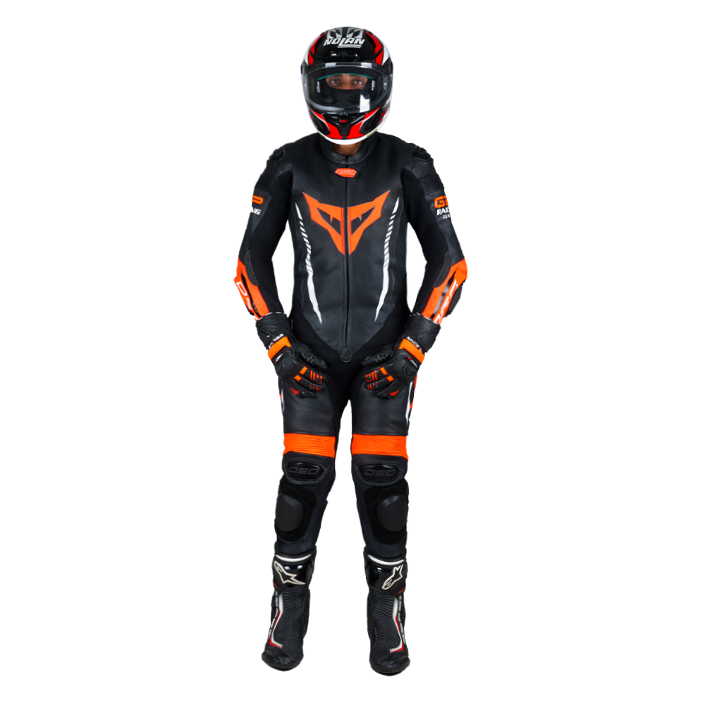Rider wearing the DSG GP Racing Leather Suit in black and orange fluo from the front
