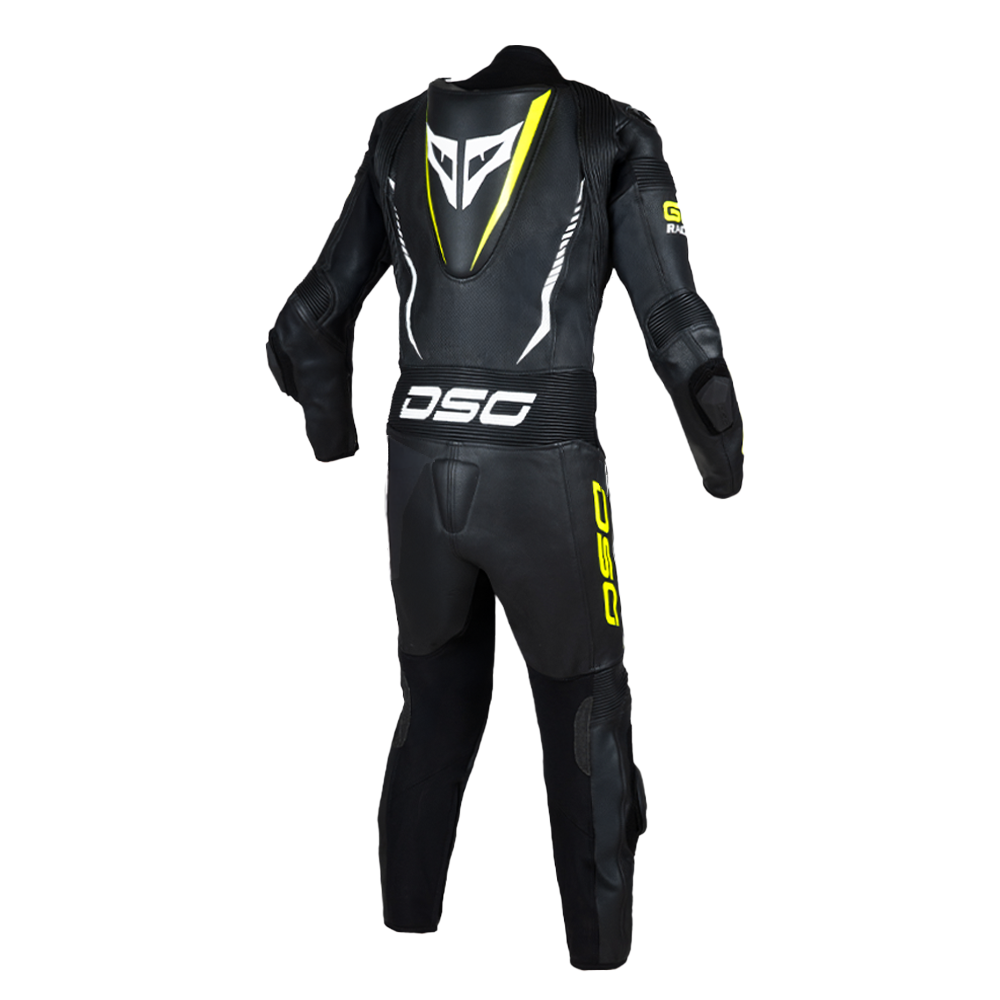 Rear view of the DSG GP Racing Leather Suit in black and yellow fluo with racing hump