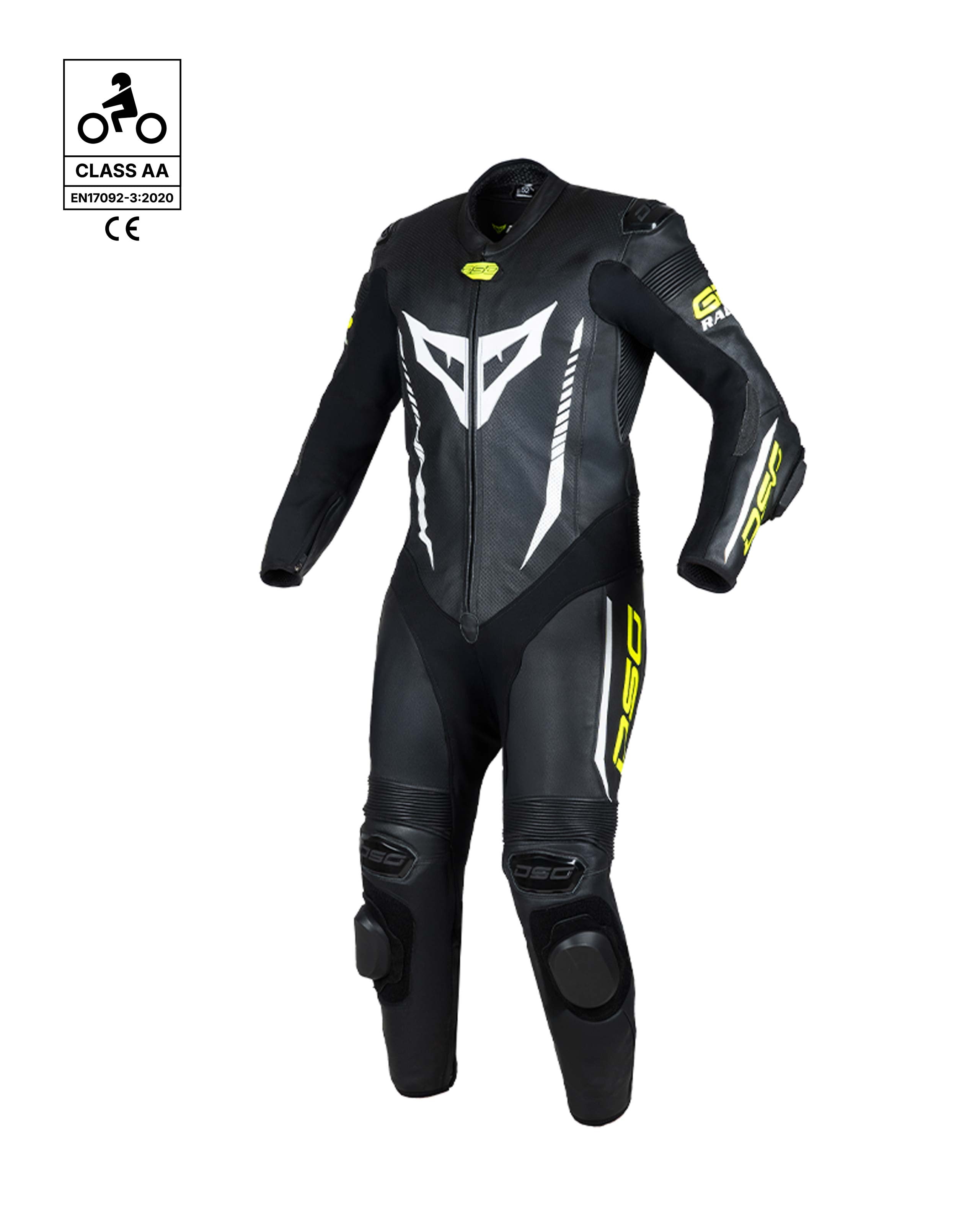 DSG GP Racing Leather Suit in black and yellow fluo shown from the front