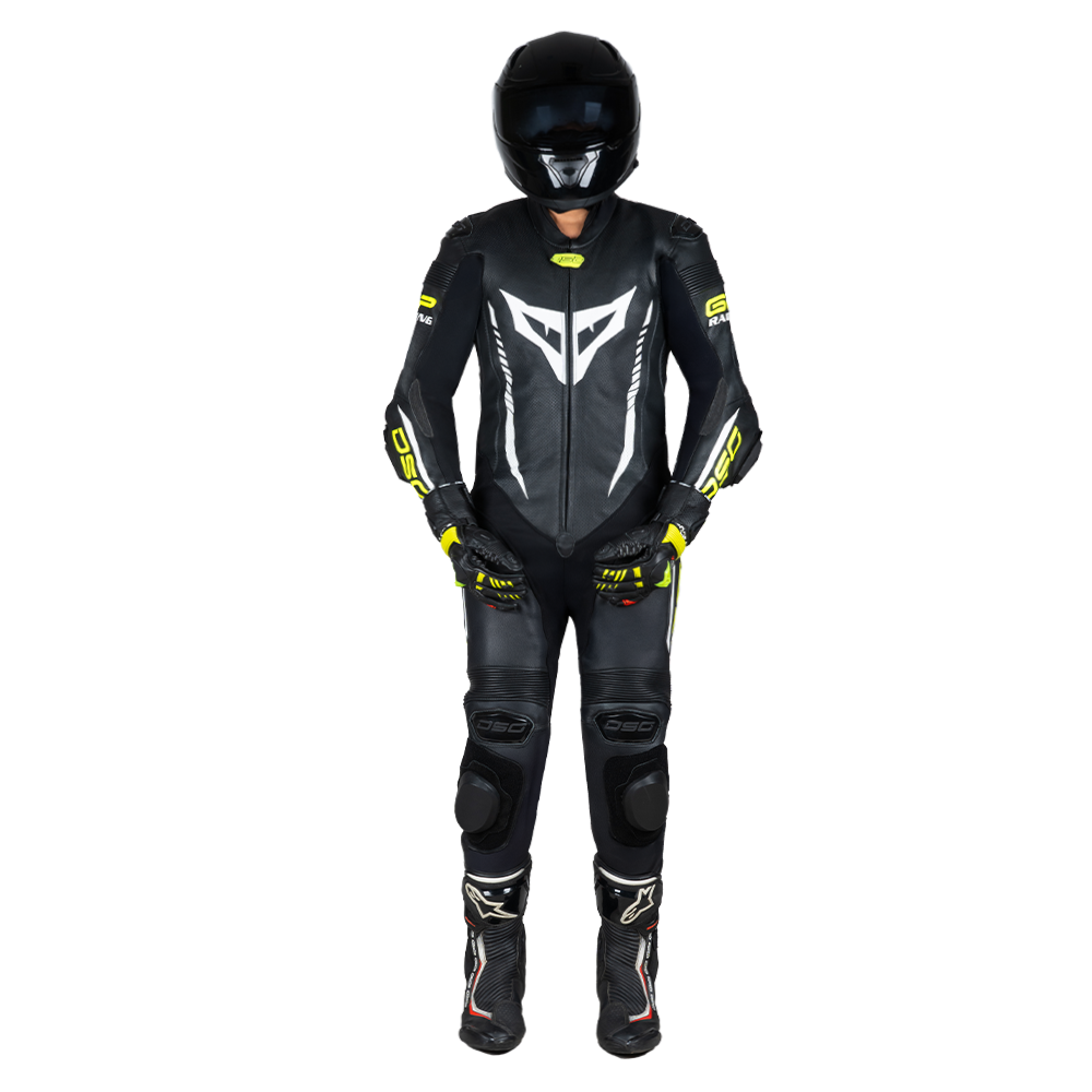Rider wearing the DSG GP Racing Leather Suit in black and yellow fluo from the front