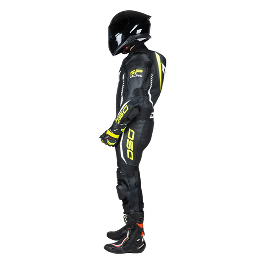 Side profile of the DSG GP Racing Leather Suit showing its race-focused design and fit